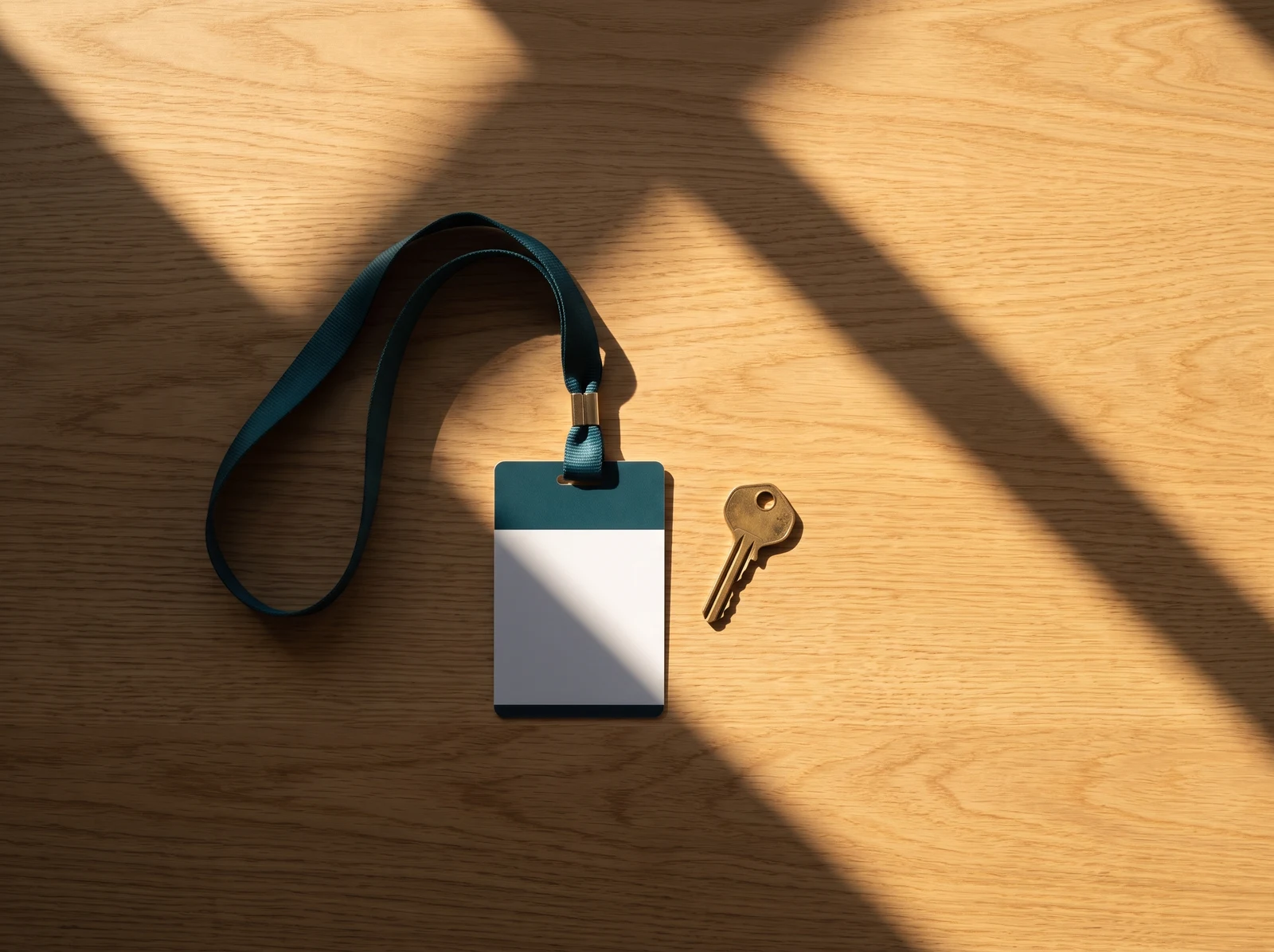 An access badge and a key on an oak desk, half in shadow