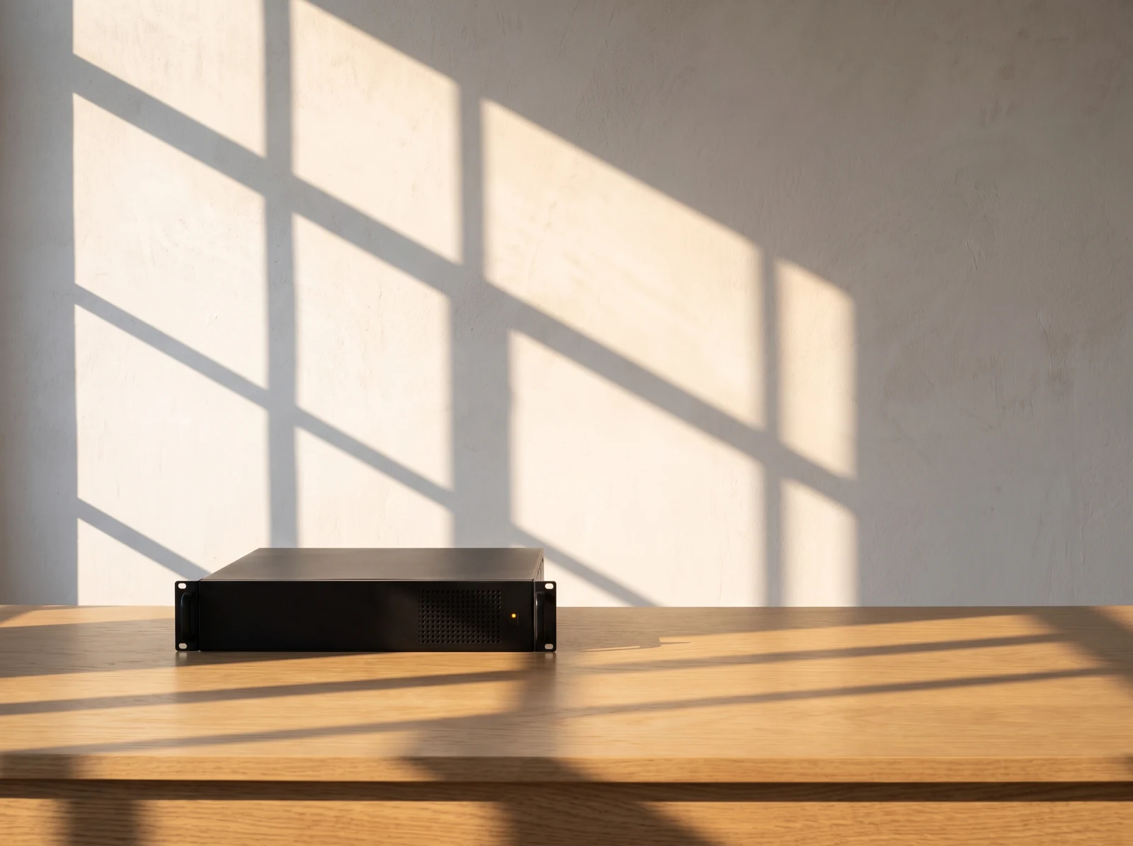 A small server on an oak desk against a white wall, in morning light