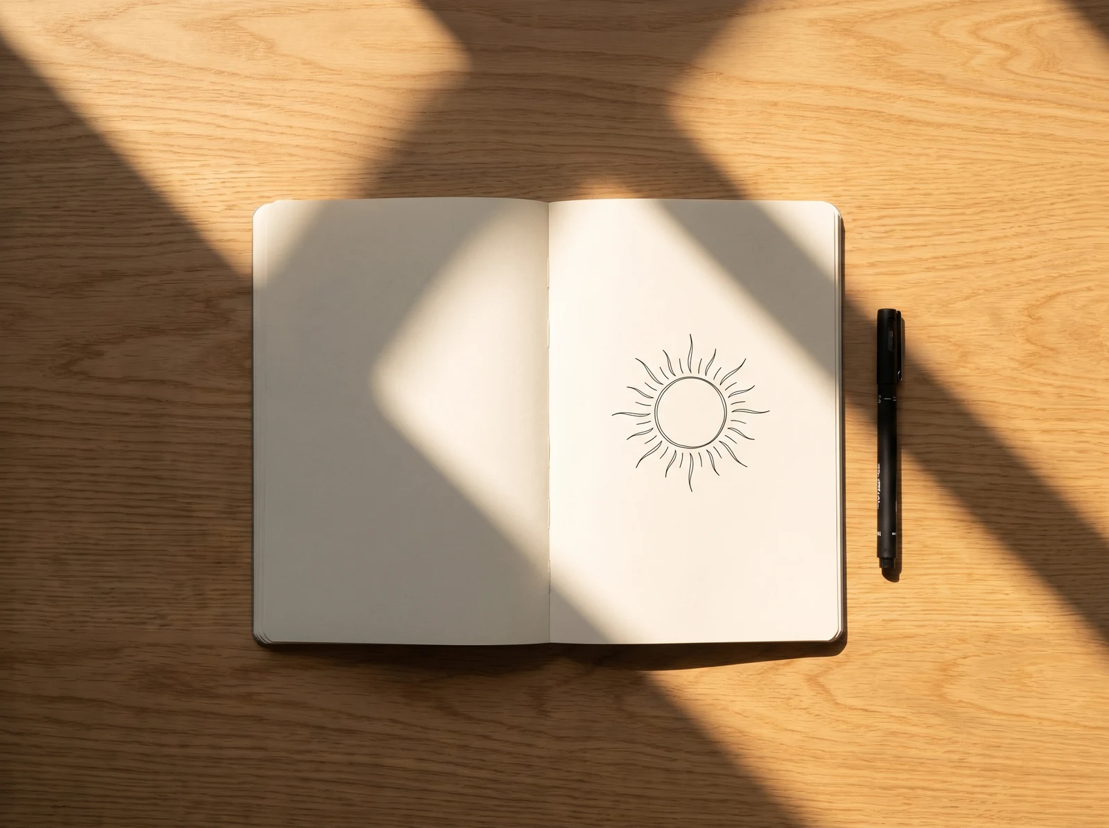 A sketchbook on an oak desk with a small fine-line sun drawn on the page