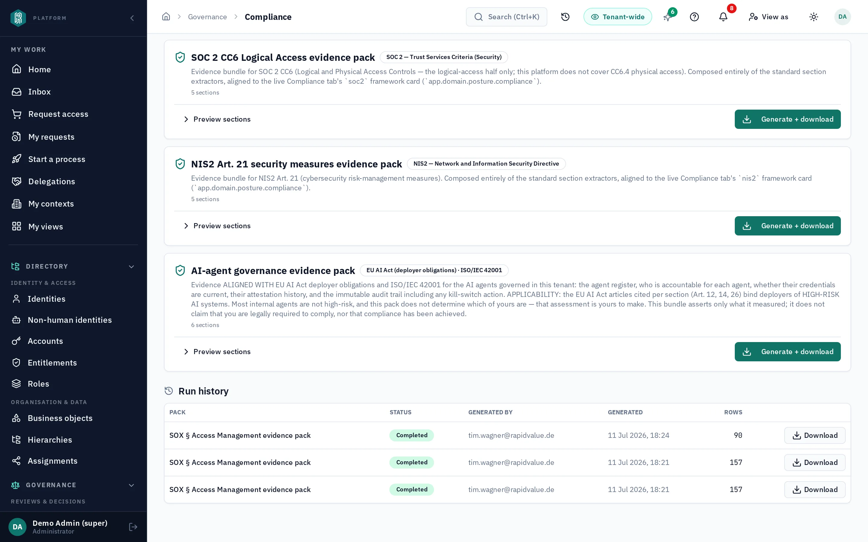 de evidence-pack-kaart voor AI-agent-governance, getagd EU AI Act (deployer obligations) · ISO/IEC 42001, met het toepasselijkheidsvoorbehoud voluit op de kaart, naast de SOC 2- en NIS2-evidence-packs