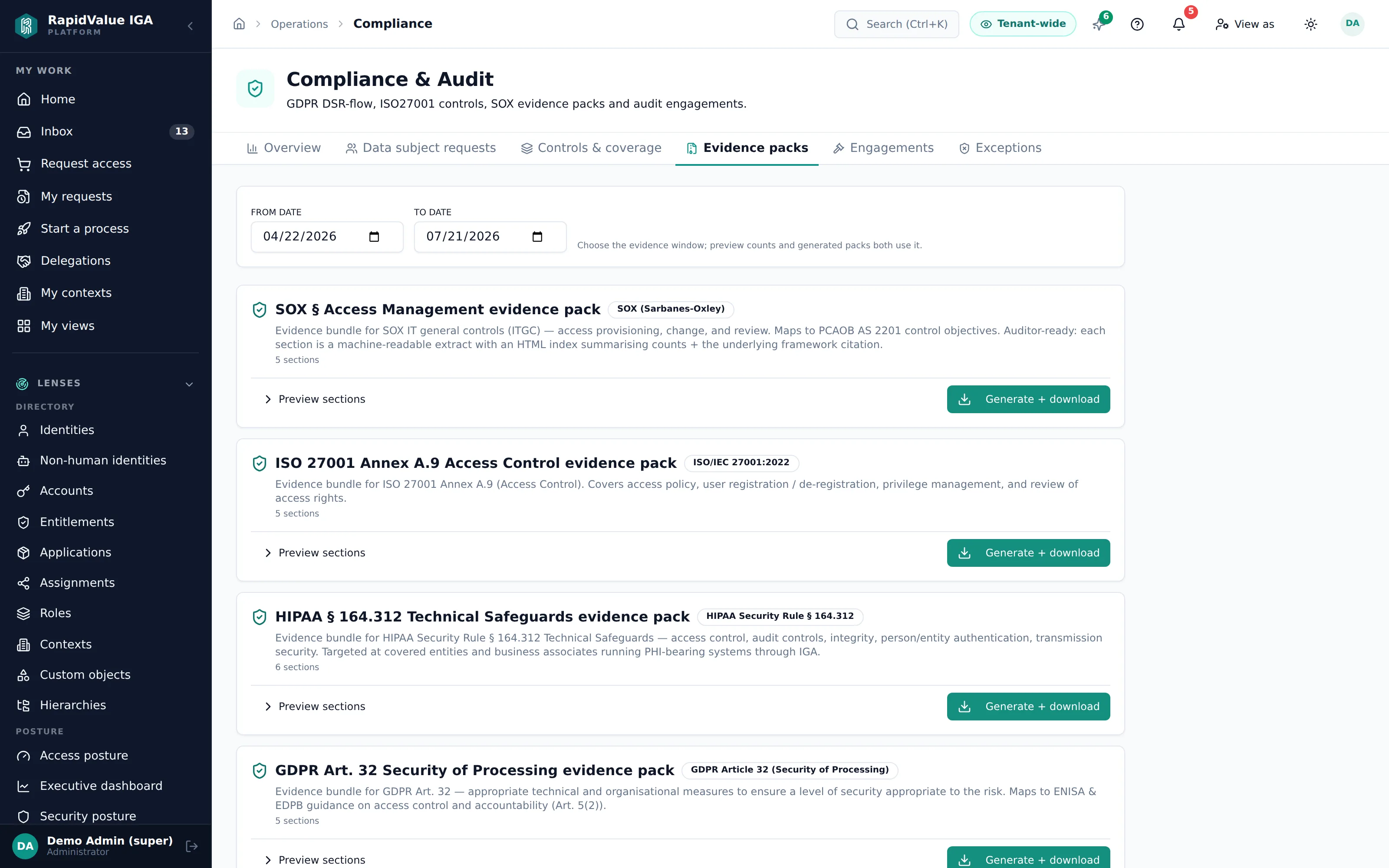 Audit packs — pick a framework, get cited evidence