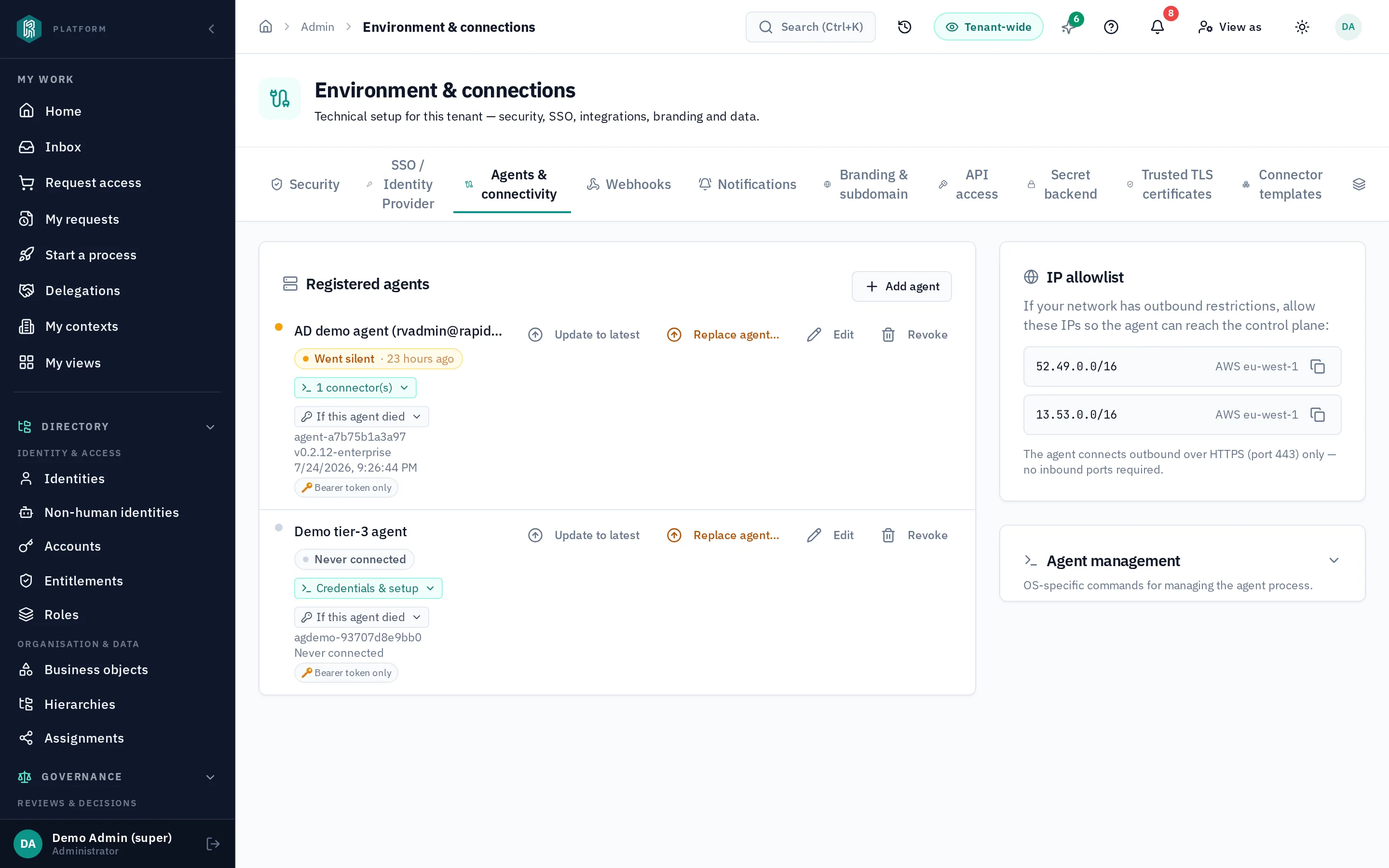 the tier-3 agent — registered agents with heartbeat, version and an outbound-only IP allowlist