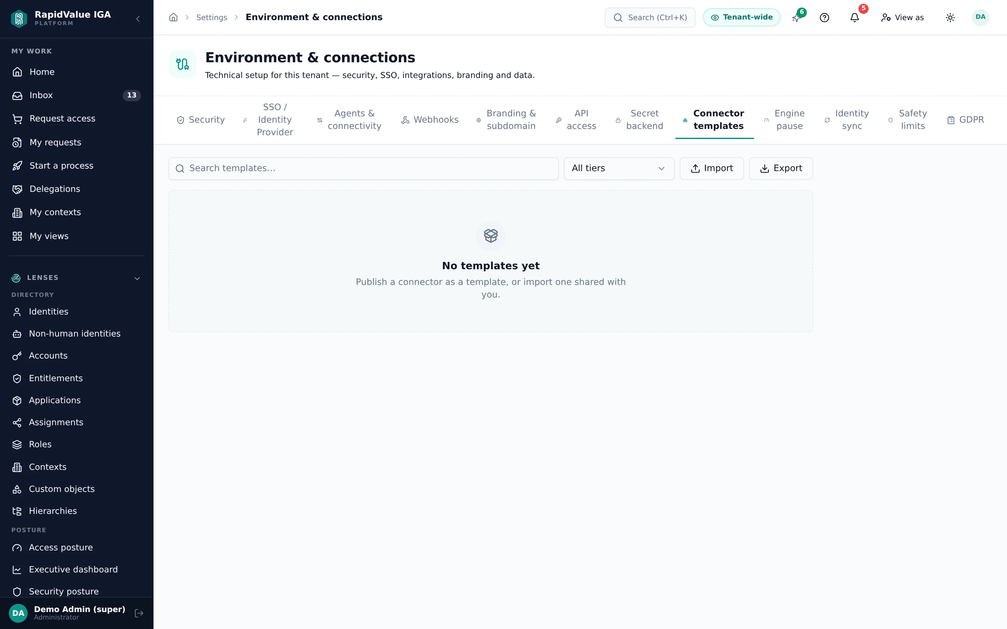 the template registry — secret-free, versioned connector templates with provenance