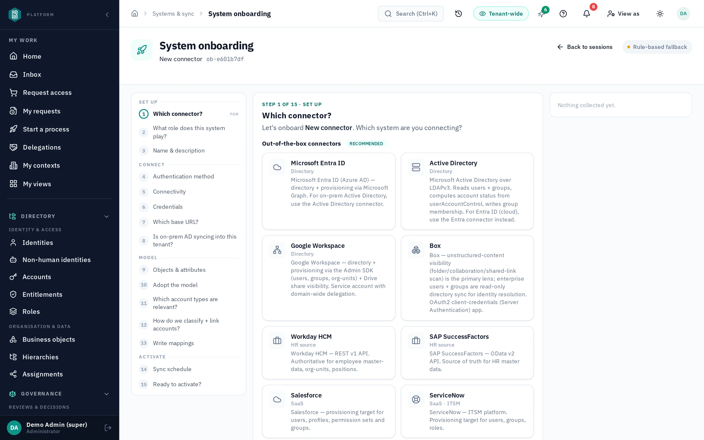 the connector wizard at step 1 of 15 — connectors that already know their own API