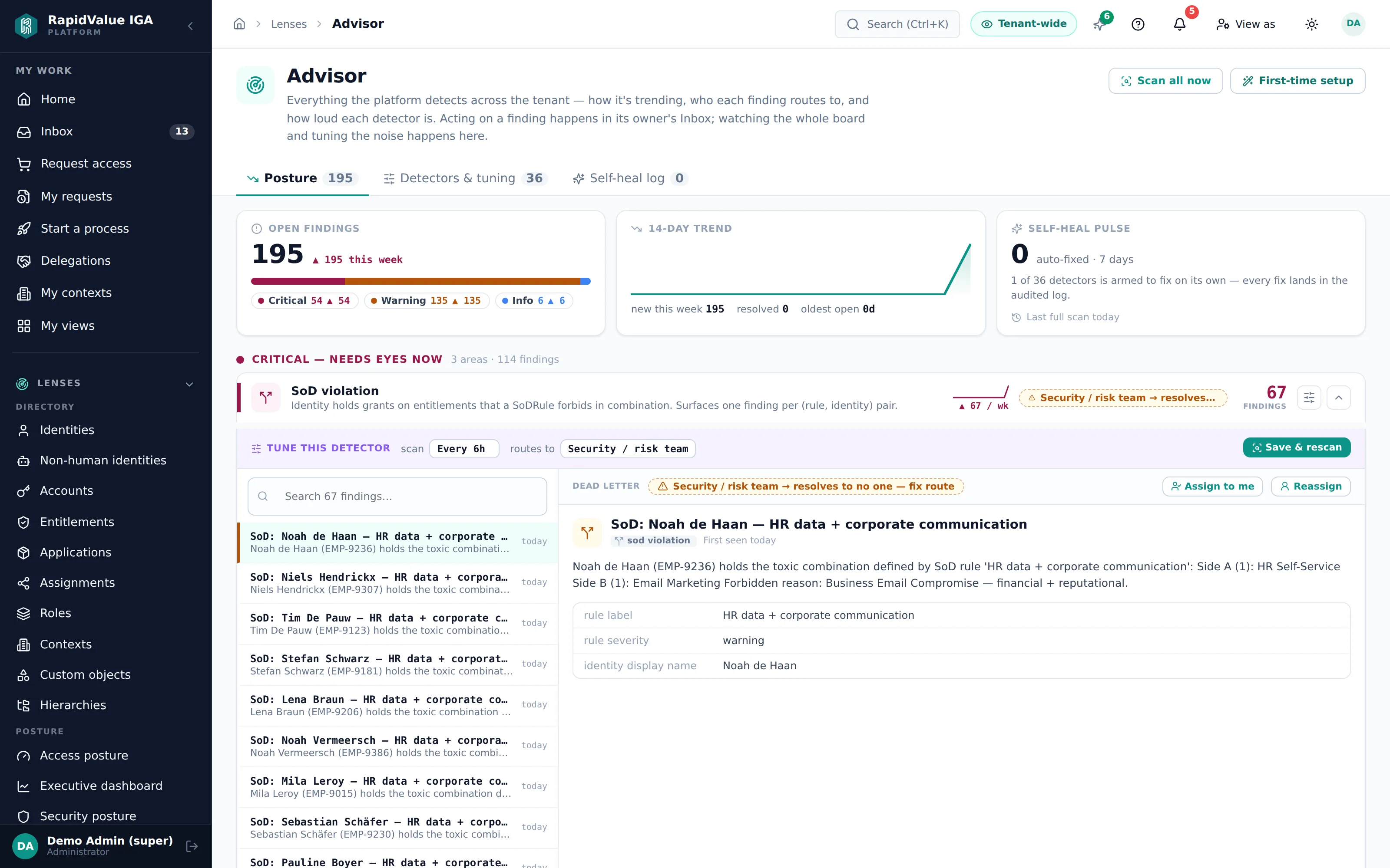 the advisor — a detected SoD violation opened, explained and routed to the named people who own it