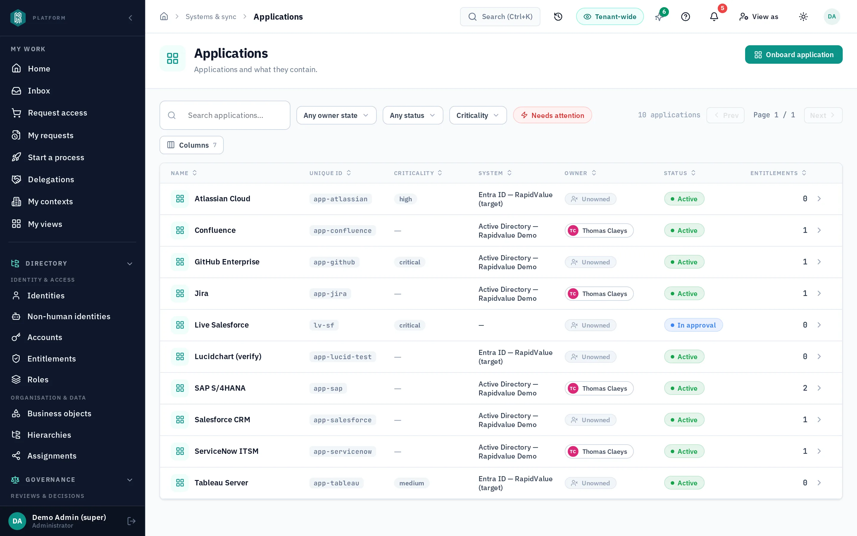 the application catalogue — owner state, criticality, which system it lives on, and how many entitlements it fronts