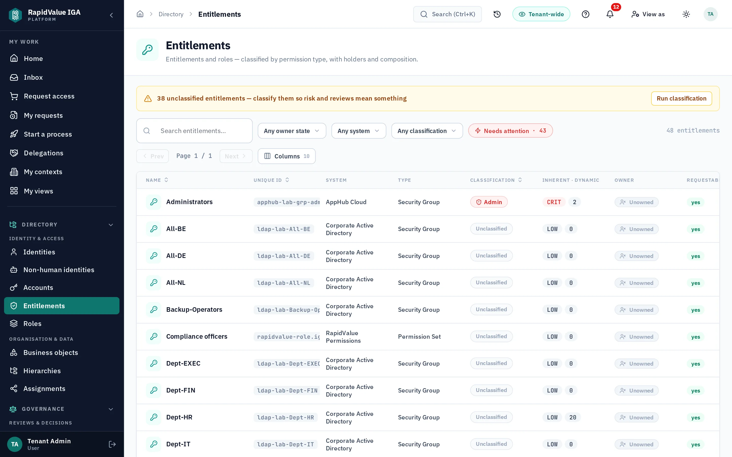 the entitlement catalogue — name, type, risk level, owner and holder count
