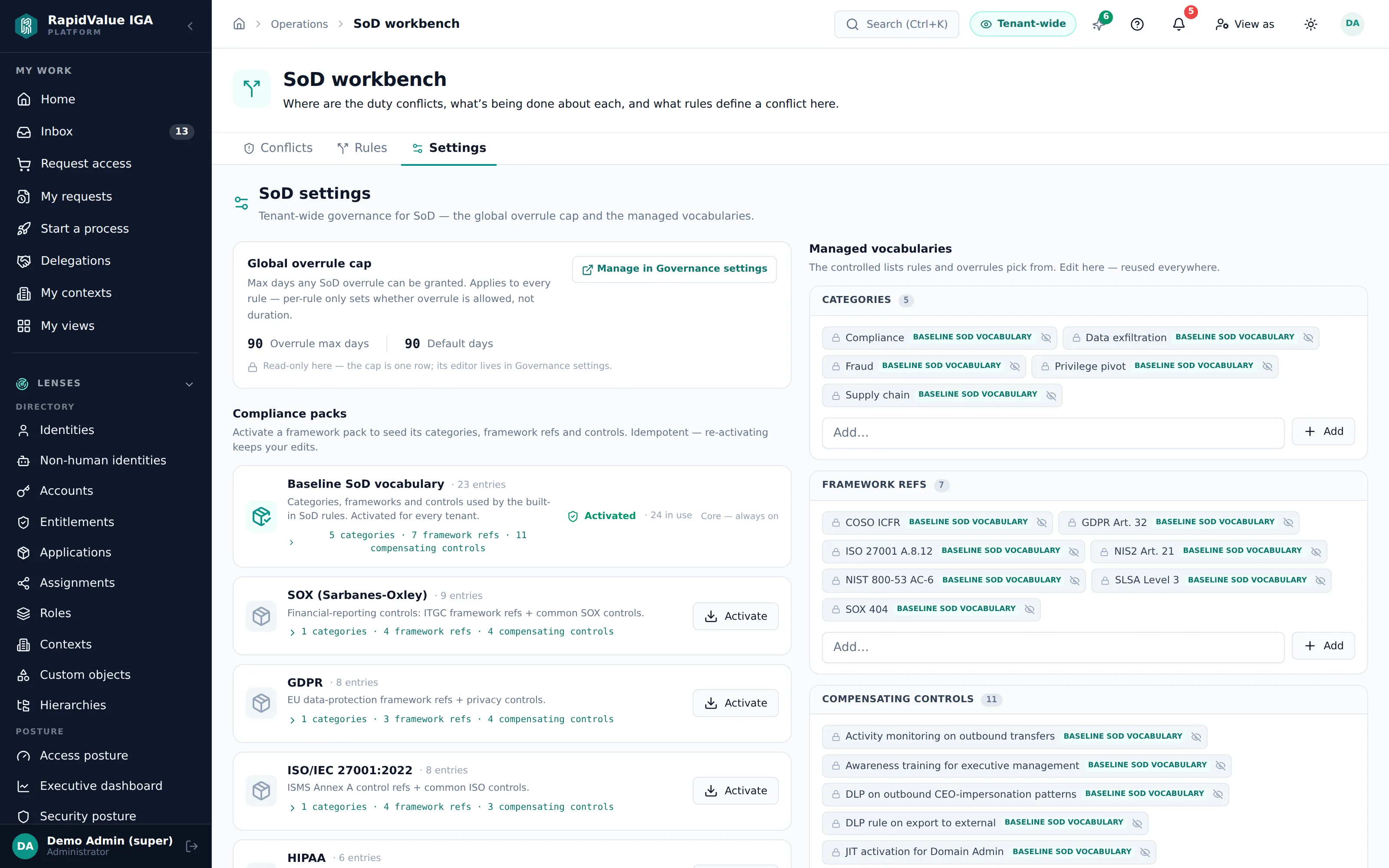 SoD settings — compliance packs, managed vocabularies, compensating controls, the overrule cap