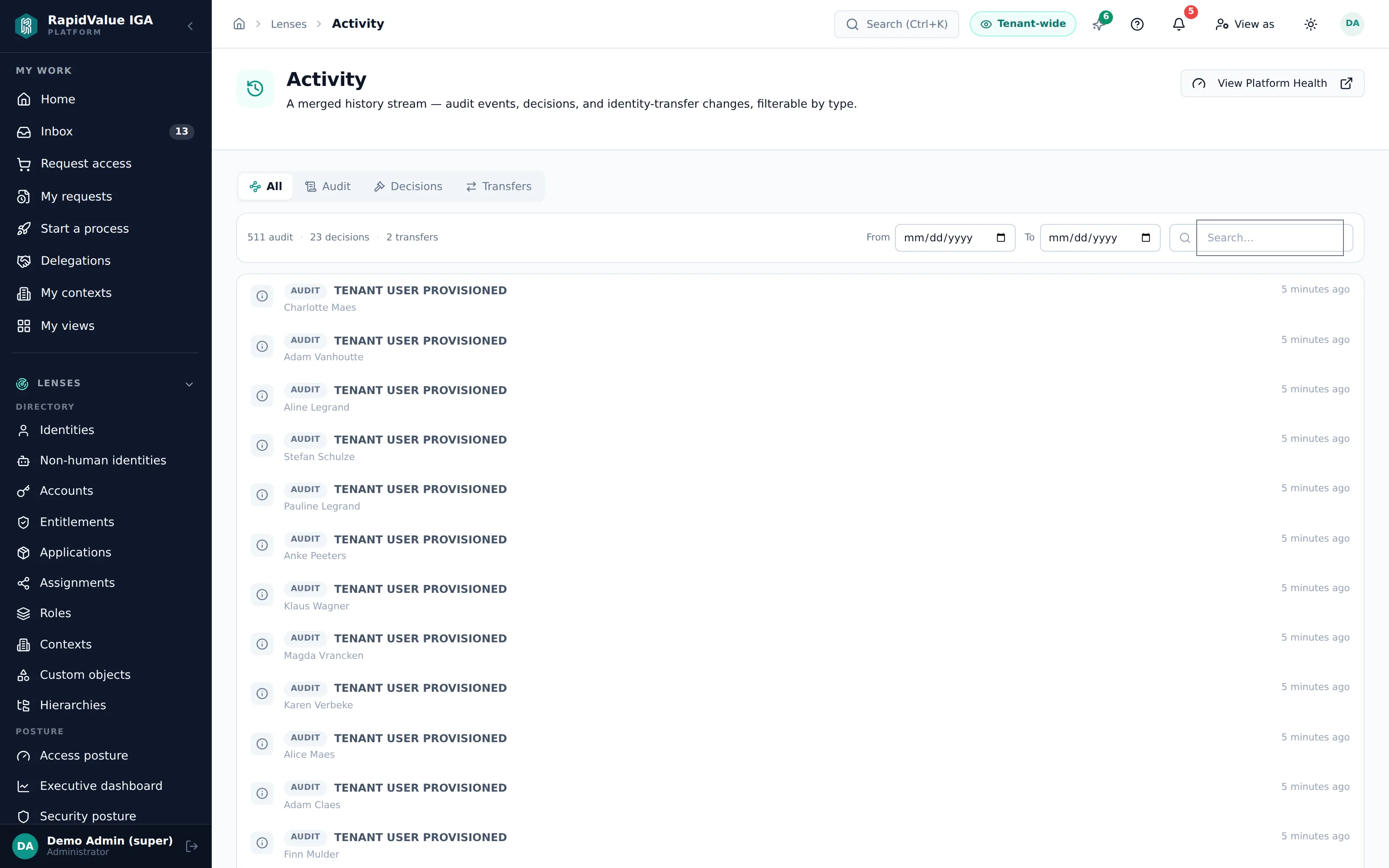 the activity trail — filter, replay, export