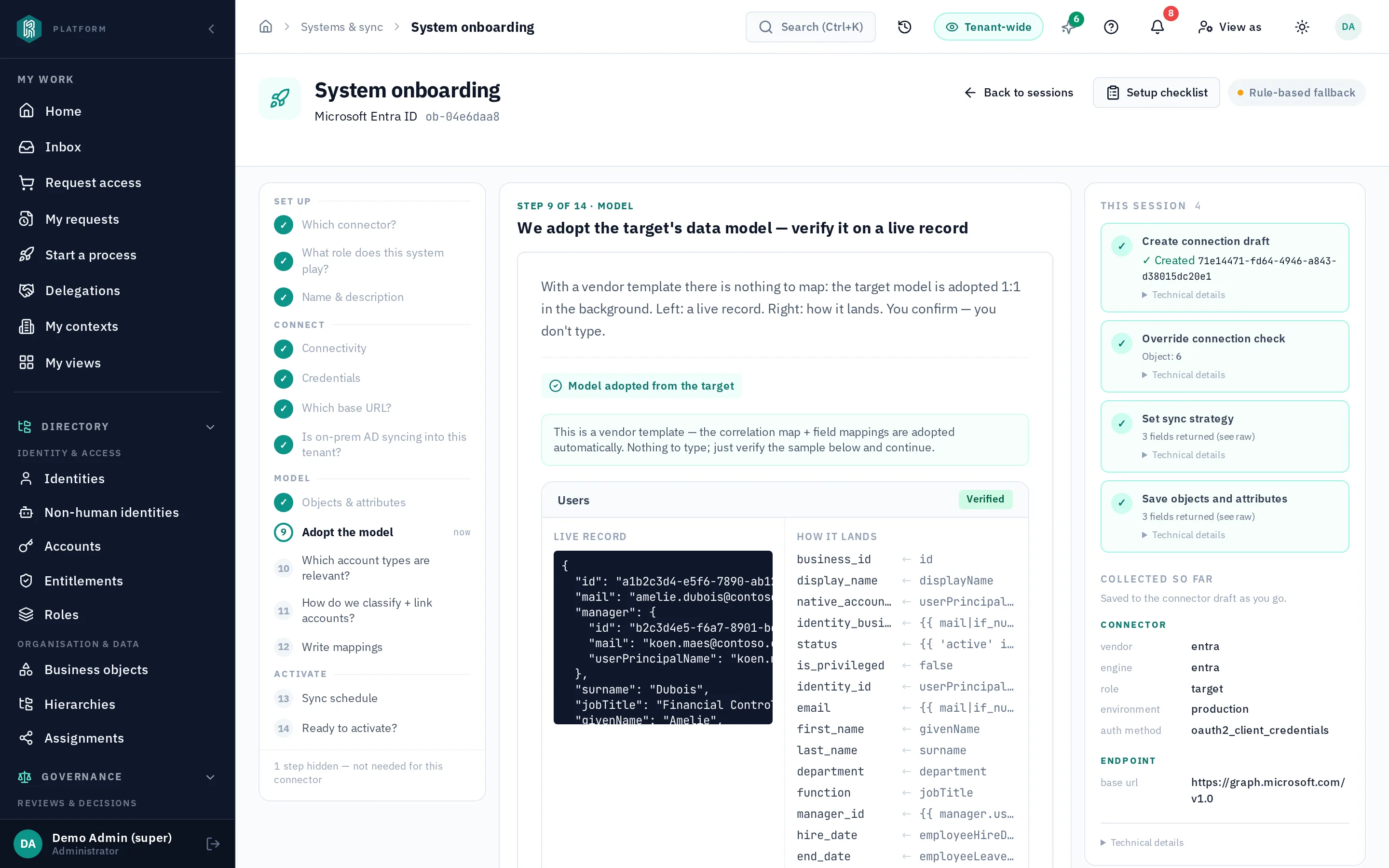 Connector wizard — the target's data model, verified on a live record
